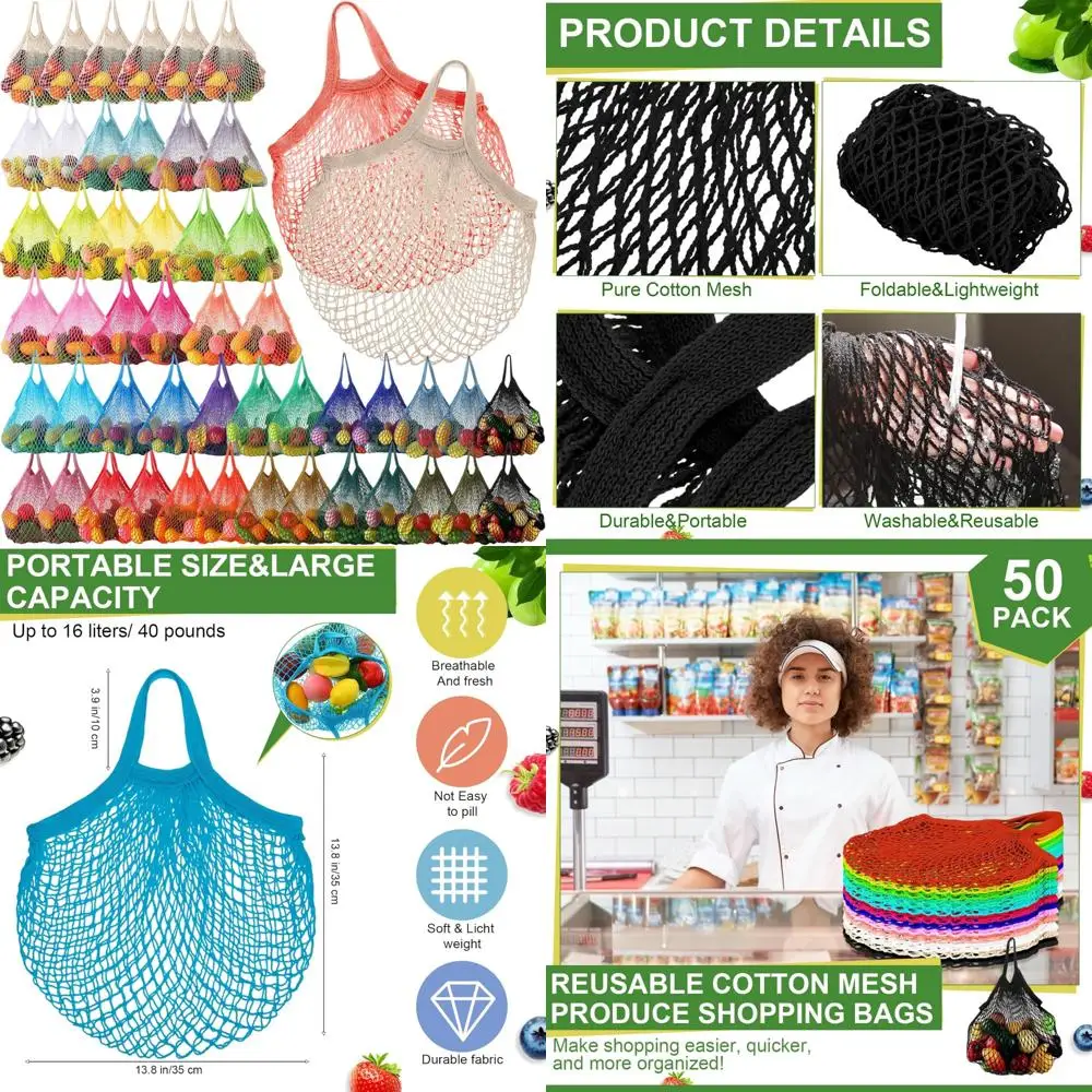 Reusable Cotton Mesh Produce Bags Bulk Pack, Washable Grocery Tote, Market Bag, Beach Organizer, String Shopping Purse, Eco-Frie