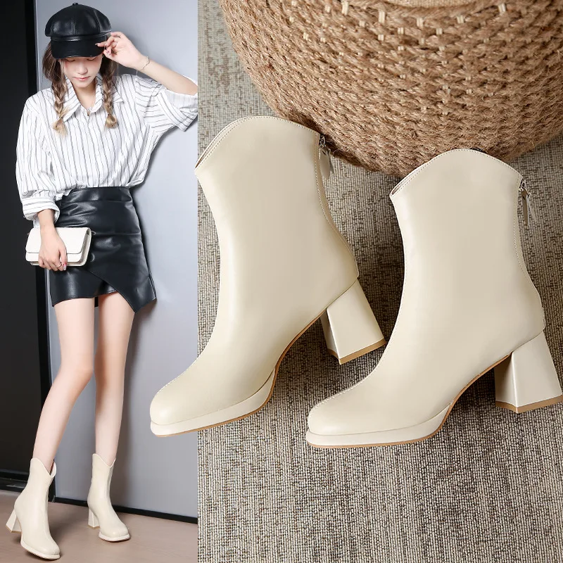 

Chunky Heel Short Boots for Women Autumn and Winter New Korean Style Back Zipper Sexy Plus Size Leather Elegant Fashion Boots