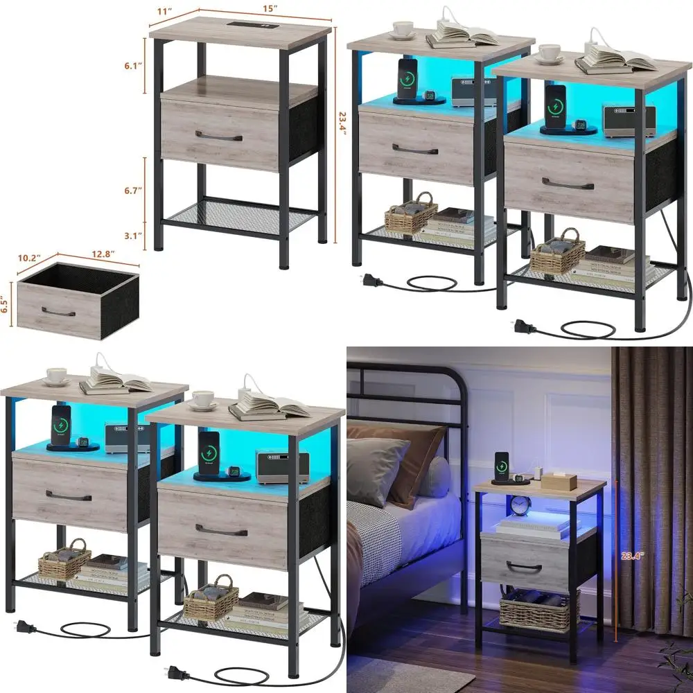 

Набор прикроватных тумбочек 2, торцевой столик с зарядной станцией, светодиодная прикроватная тумбочка с тканевым ящиком для спальни, 3-уровневый приставной столик с Ope