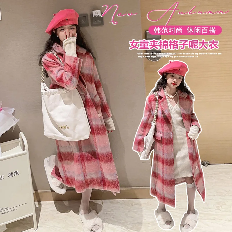 teen girl autumn winter warm thickened cotton long woolen coat children retro plaid overcoat casaco infantil de menina outercoat