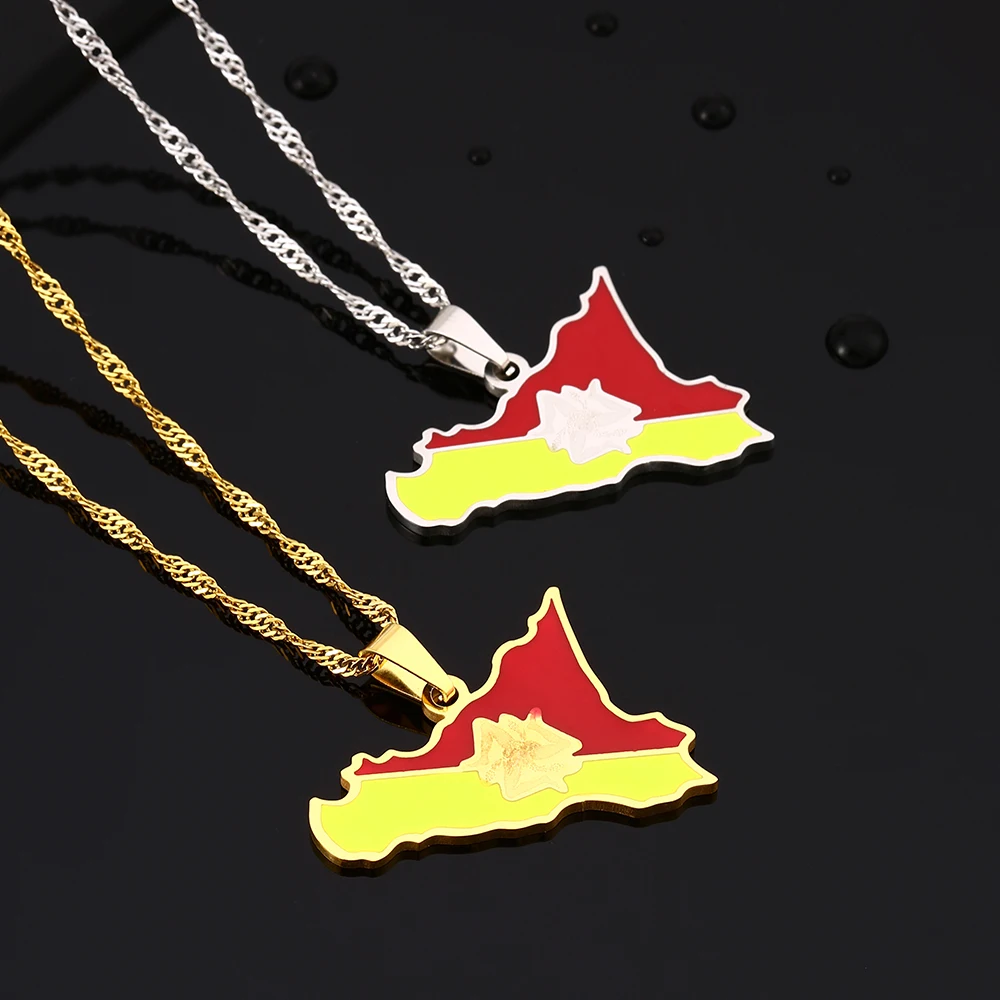 New Enamel Drop Oil Italy Sicily Map Flag Pendant Necklace For Women Sicilian Stainless Steel Jewelry Ethnic Party Birthday Gift