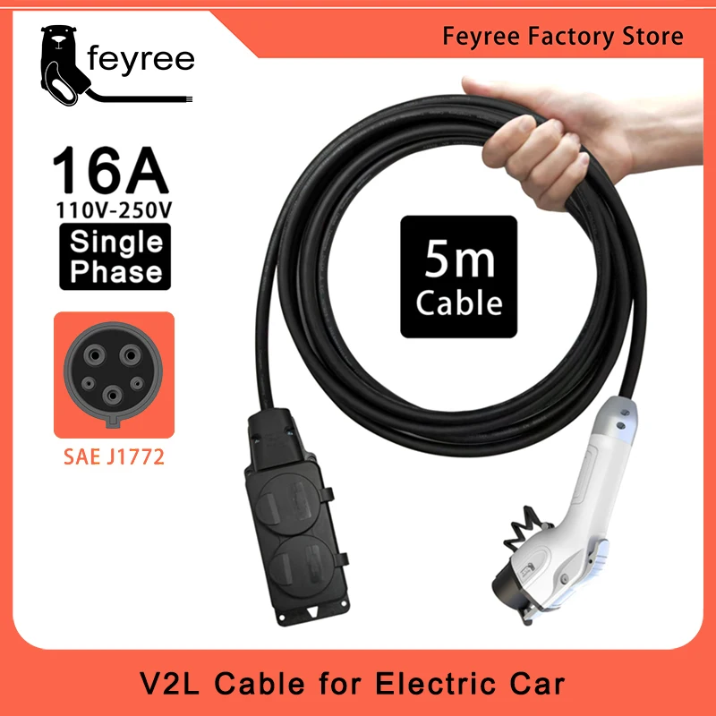 feyree Electric Car Side Discharge Plug EV Type1 16A Charger Cable with EU Socket Outdoor Power Station( need car supports V2L)