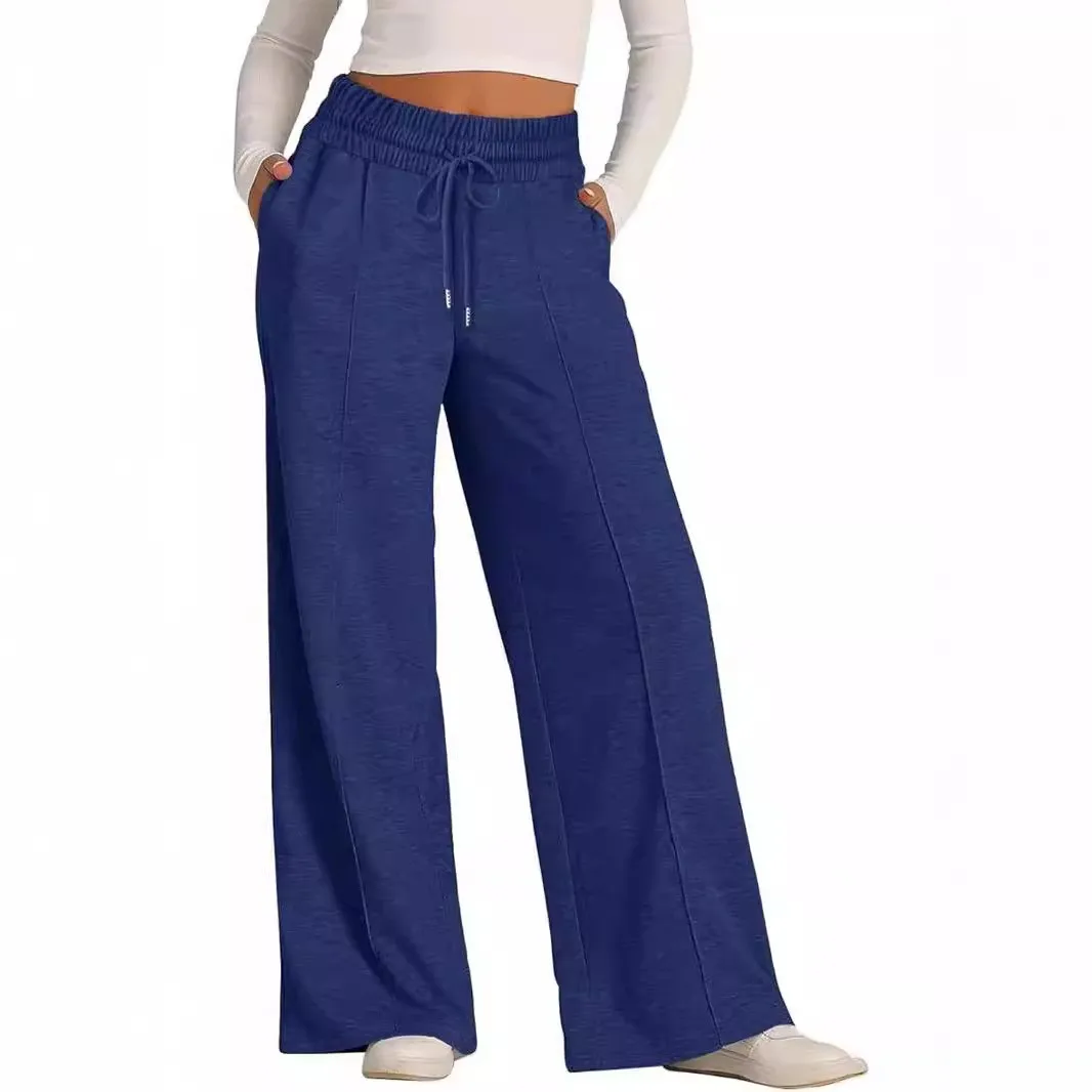 Casual Drawstring Pants Full Length with Straight Leg Spring Mid Rise Elegant Commuter Pockets Regular Thickness Women Pants