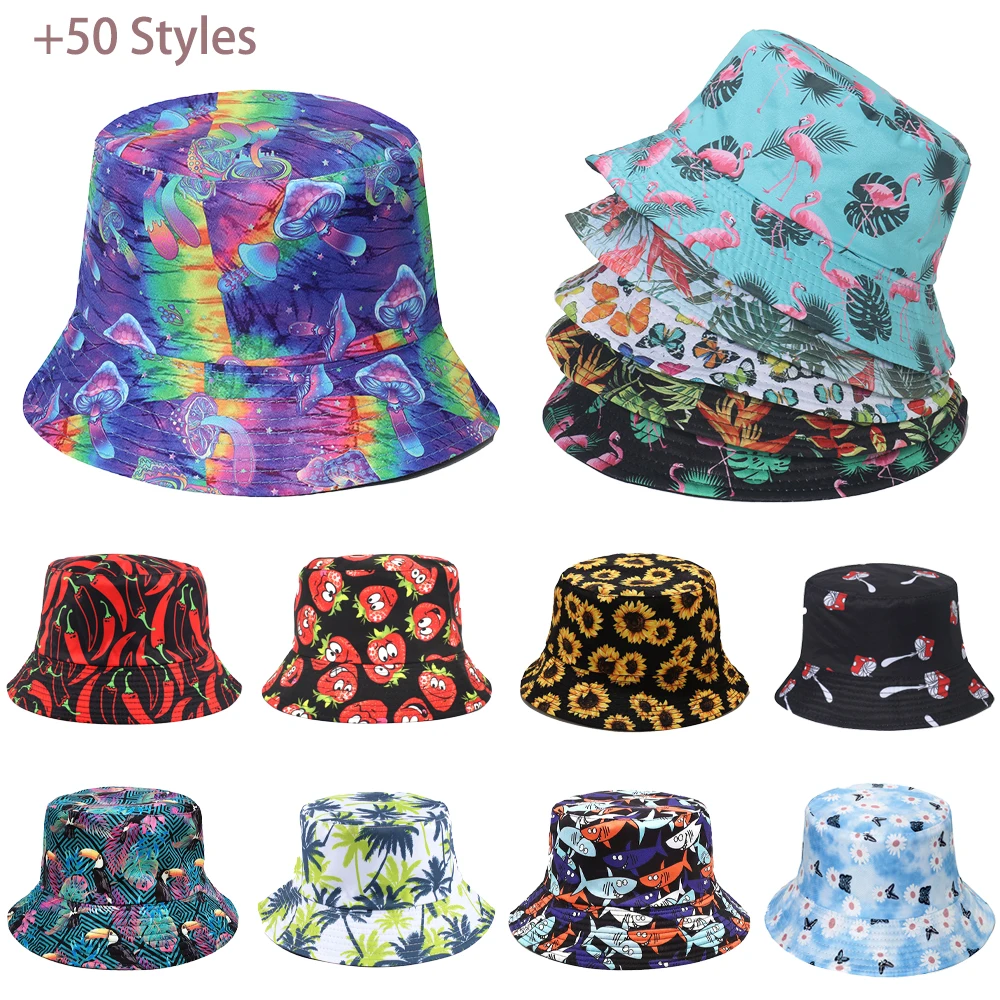 New Printed Panama Hats for Men Japanese Outdoor Sunshade Fisherman Caps Travel Beach Cute Double-sided Bucket Hat