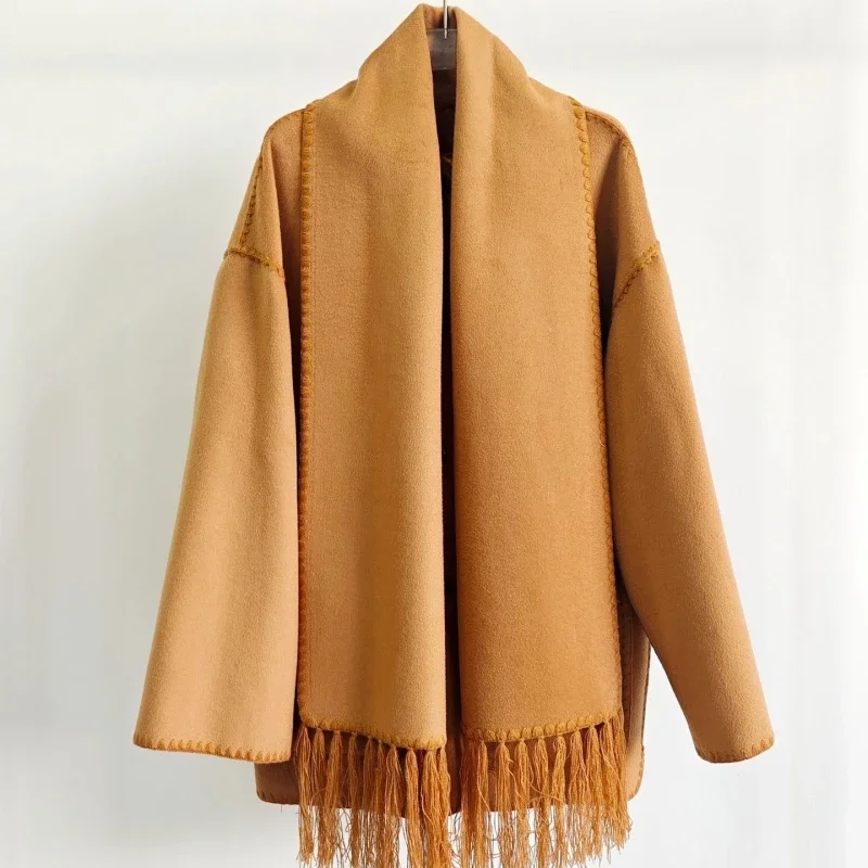 TT@ LUXURY Woolen Coat for Women with High-end Feel, Embroidered Shoulder Scarf, Woolen 2024 Womens Winter Clothing