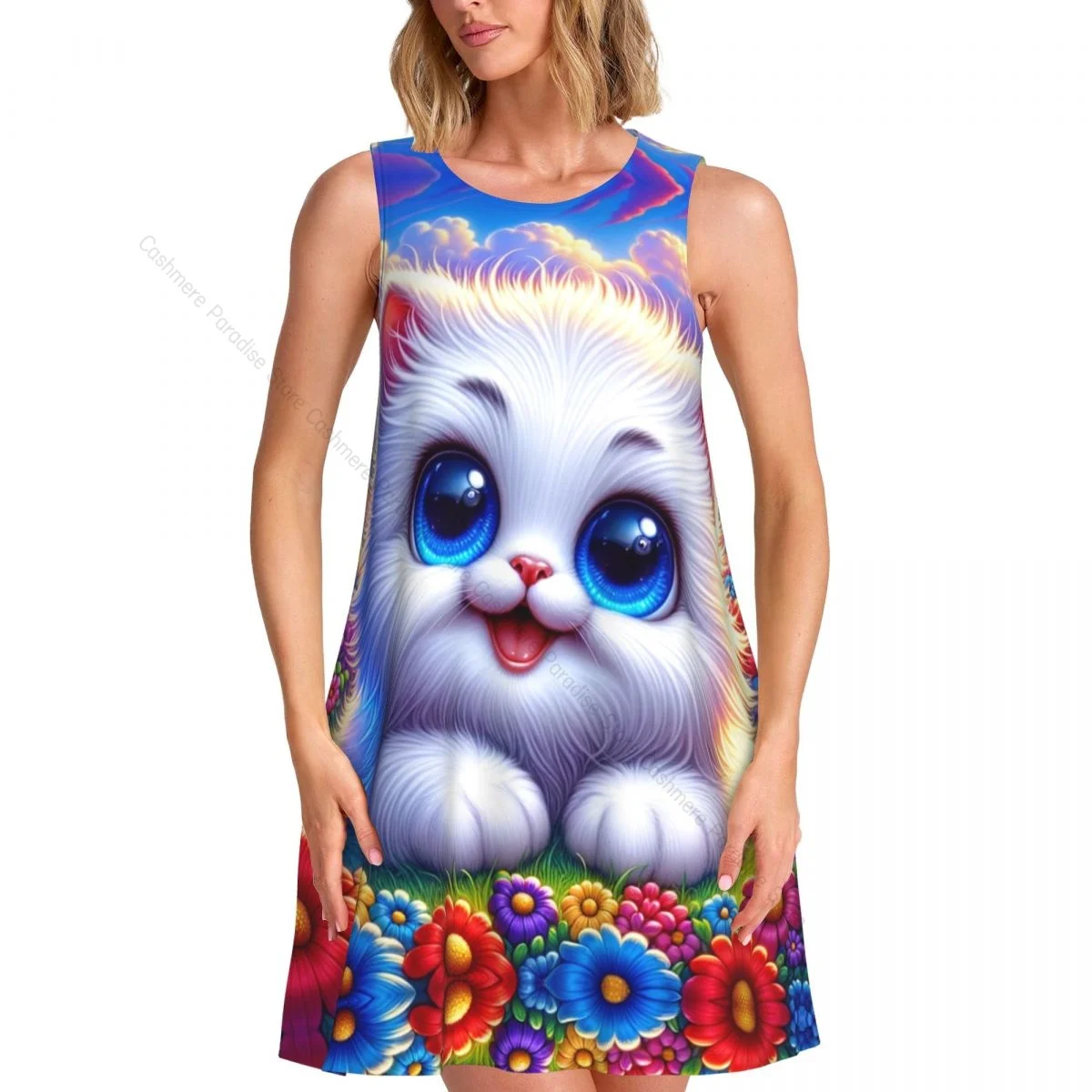 Robes d'été pour femmes, t-shirt de plage, sans manches, chat, décontracté, ample, débardeur, 2025