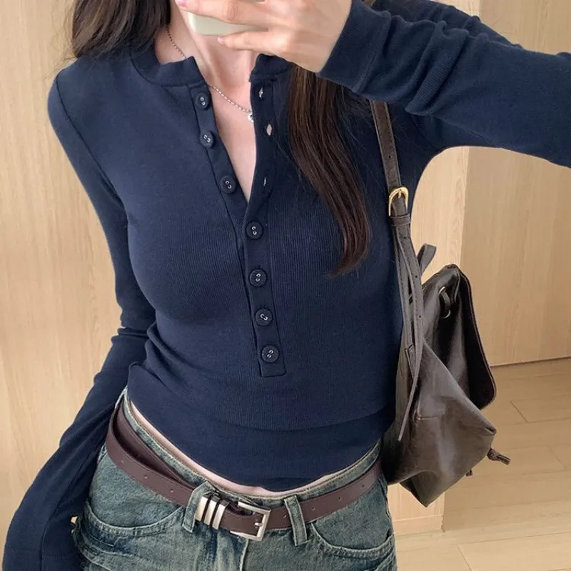 

Spring Autumn Long Sleeved Top Women Casual Slim Fit Solid Color Button Open Collar T-shirt Lady Round Neck Bottoming Shirt Top