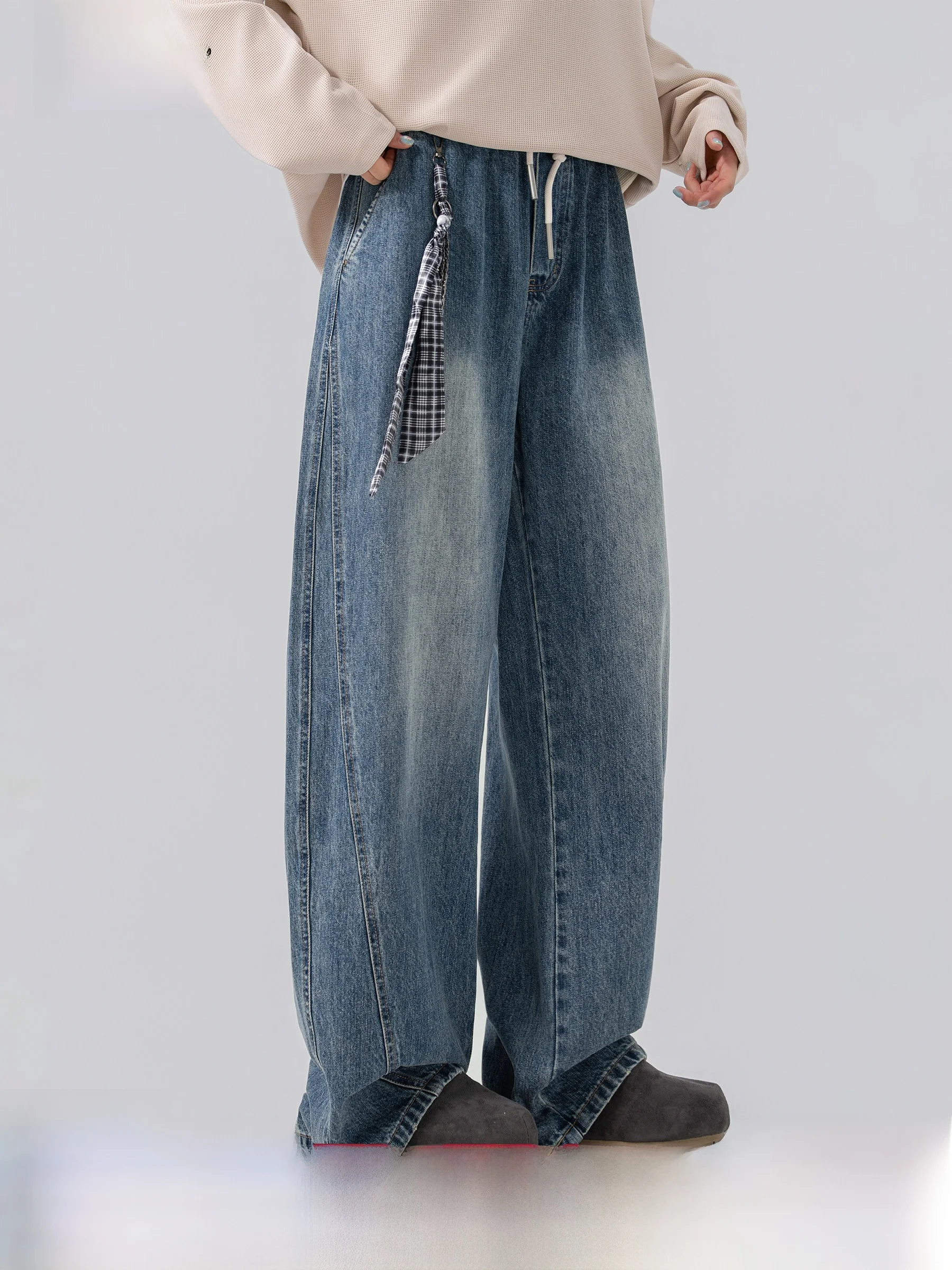 AOGZ American Wide Leg Straight Blue Jeans Men Women Autumn Deconstructed Washed Loose Trendy Knife Long Pants Casual Style