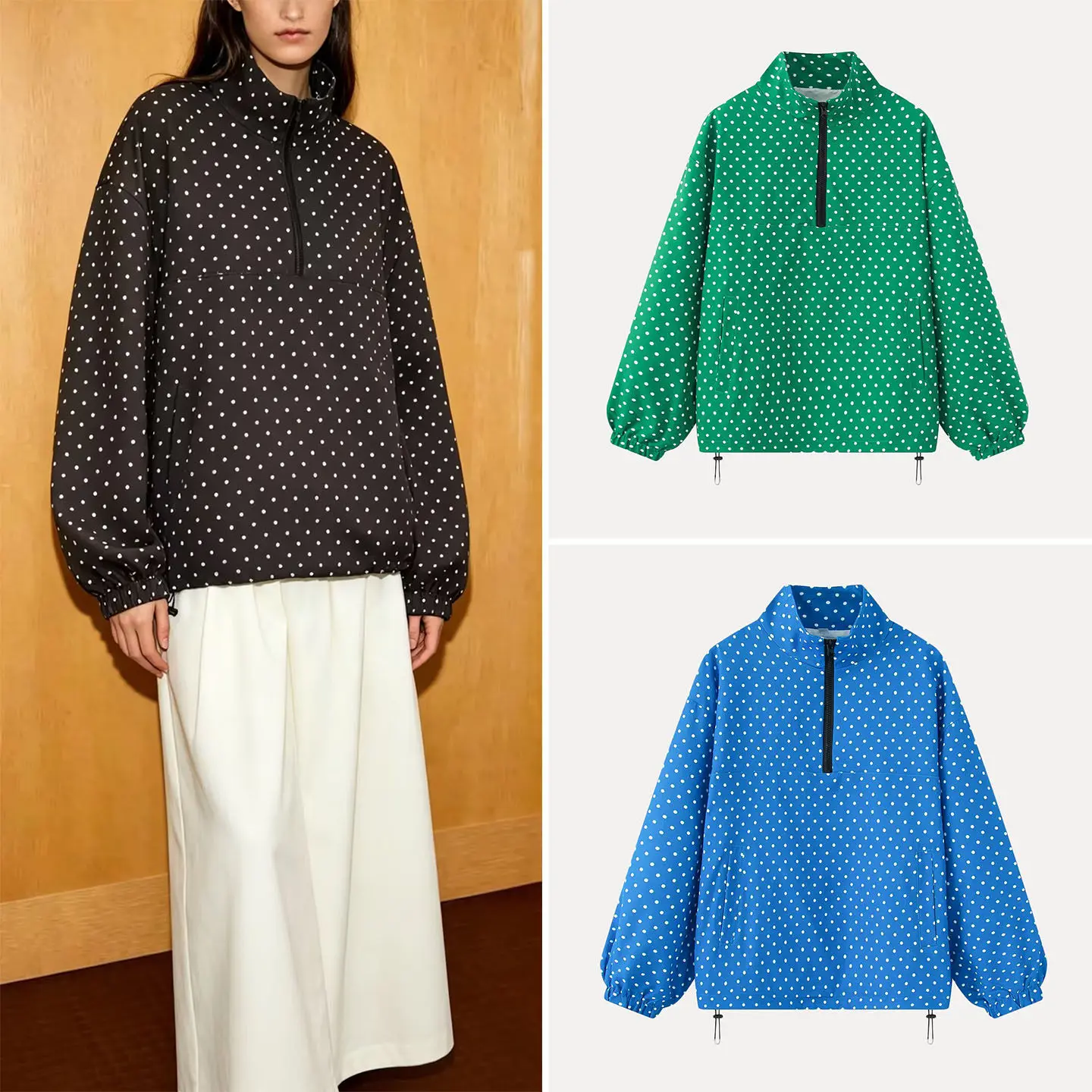 

Women's Casual Long Sleeve Zipper Loose Sweatshirt Stand Collar Polka Dot Print Comfortable Daily Wear Summer 2026 New Style