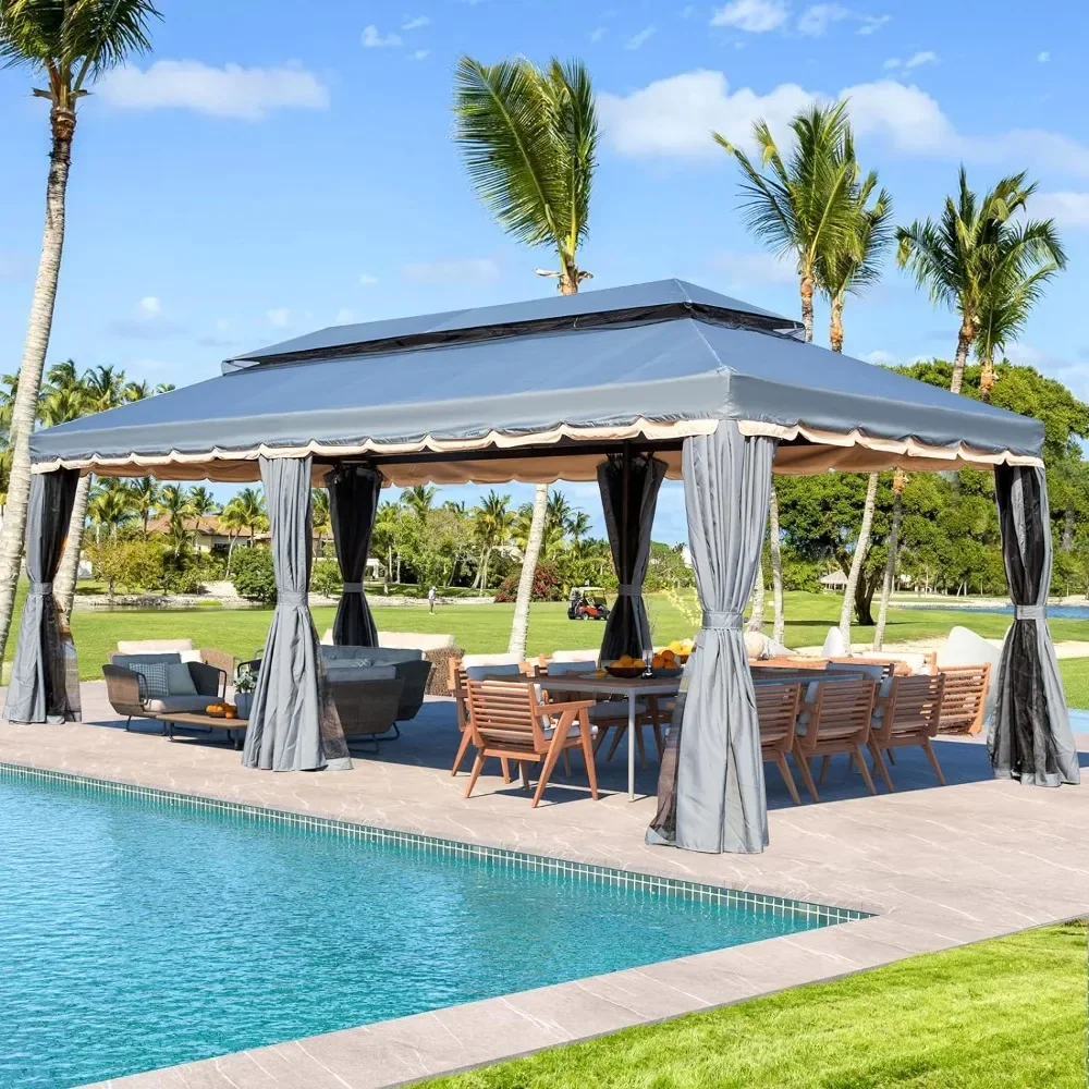 

10x20 Outdoor Gazebo, Double Roof Patio Gazebos Steel Frame with Netting and Shade Curtains for Garden, Outdoor Gazebo