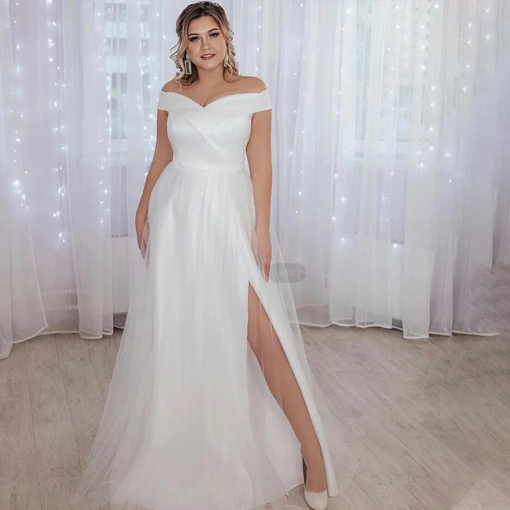 Plus Größe Hochzeit Kleid Tüll Weg Von Der Schulter Seite Schlitz Brautkleid Lace Up Zurück Für Frauen Nach Maß Gilltter robe De Mariee