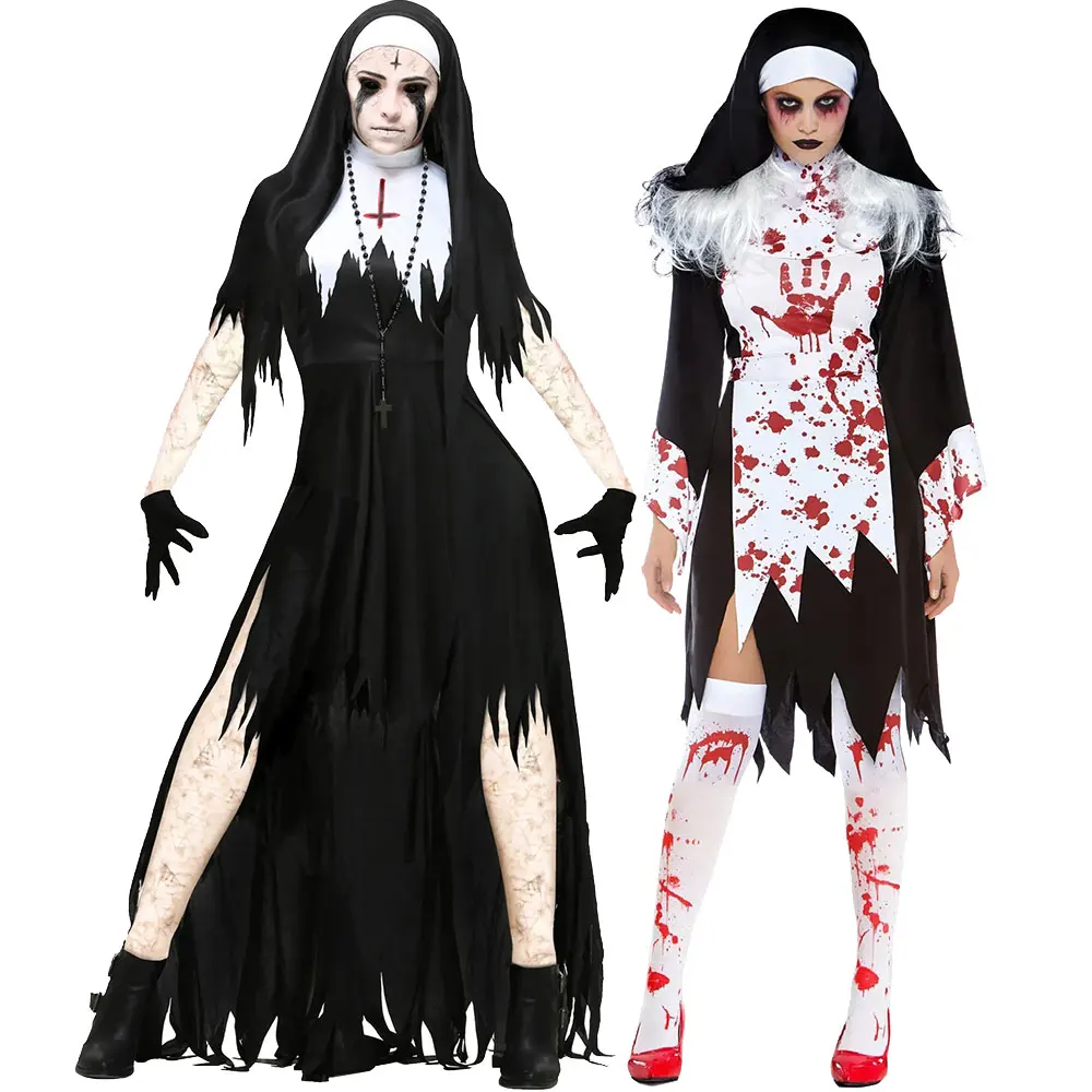 O Demônio Assustador Sinful Freira Cosplay Traje para Mulheres, Vampiro Fantasma, Diabo Sangrento, Roupões de Papel Longo, Roupas de Halloween