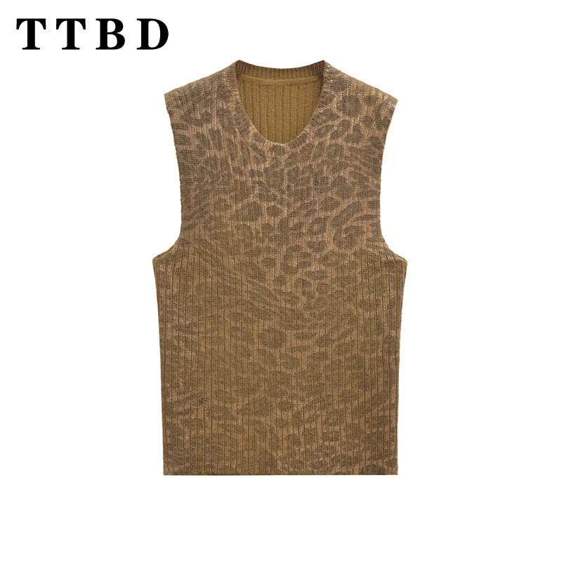 TTBD 2024 New Autumn Woman's Casual LEOPARD Print Screw Thread Sweater Gilet Female Fashion Knit Sleeveless O-Collar Top Vest