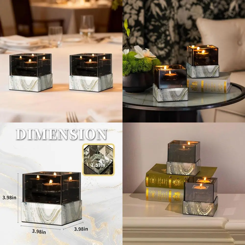 Marble-Patterned Square Glass Candlestick Holder for Elegant Dining, Kitchen, Patio, and Wedding Settings
