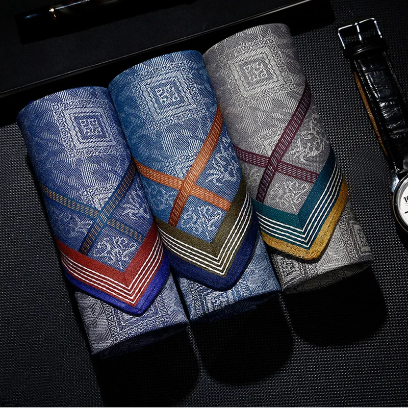 3pcs/Set Men Plaid New Square Jacquard Cotton Handkerchief For Gentlemen Cashew Flower Pocket Towel Wedding Party Christmas Gift