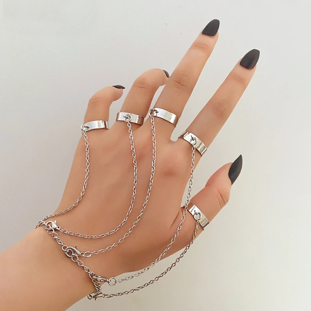 Punk Geometric Silver Color Chain Wrist Rings For Women Men Charm Hip Hop Chain Open Rings Set Couple Fashion Jewelry