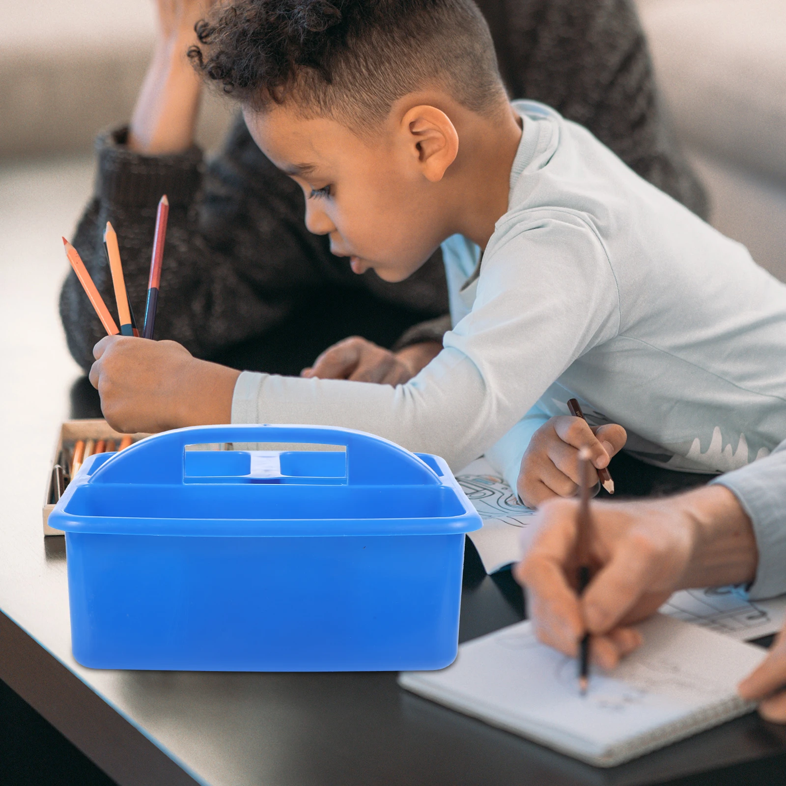 

Portable Large Capacity Hand-held Storage Box Stationery Basket Blue Plastic Art Supply Container School Desktop Organizer