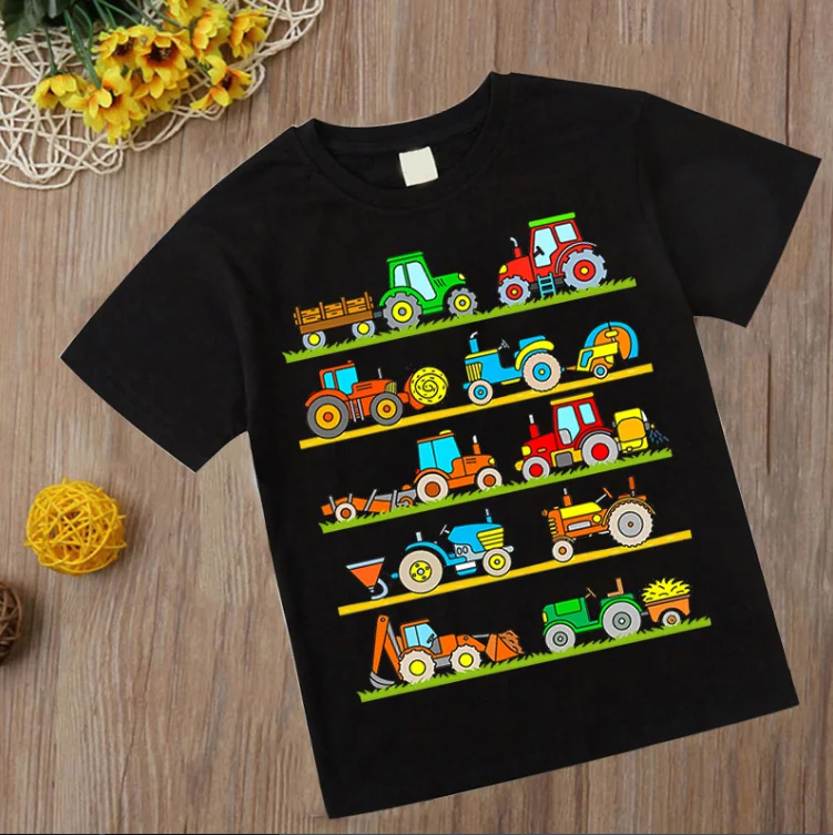 Lustige Cartoon Auto Traktor T-Shirt Kinder übergroße Druck Kleidung Jungen Sommer runden Kragen Hemd Mädchen Mode Streetwear