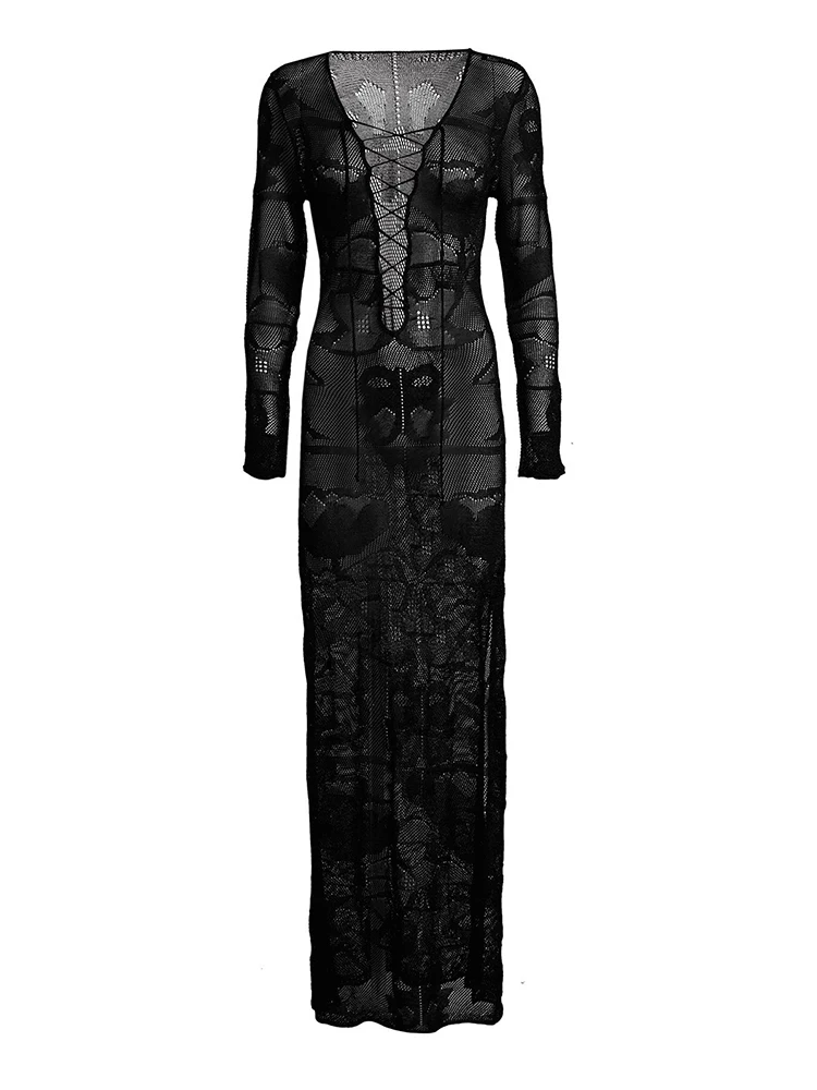 여성 니트 비치 커버 롱 드레스 2025 Boho 스타일 중공 레이스 업 하이 스플릿 섹시한 비키니 커버 업 가운