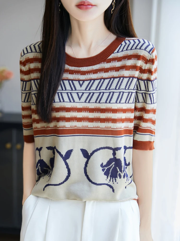 

Loose Women's ort Sve Knitted T-irt Summer New Sle Retro f Sve Top Trendy Commute Sle Striped Pattern