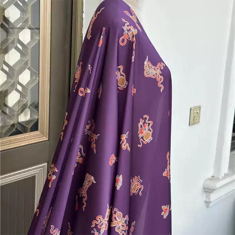 1 meter 95% Mulberry Silk 5% Spandex 16 Momme Silk Fabric Purple Lucky Printed 136cm 53" wide by the yard JN875