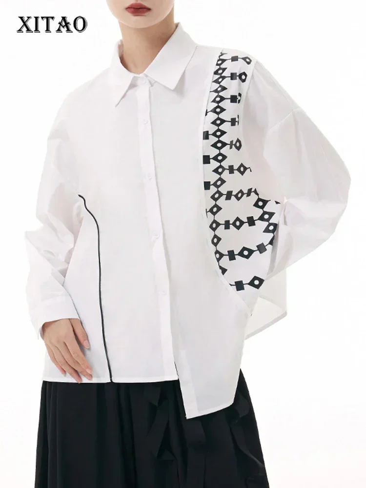 

XITAO Casual Asymmetric Shirt Personality Print Patchwork Women Autumn New Arrival Fashion Trend Long Sleeve Top HQQ1465