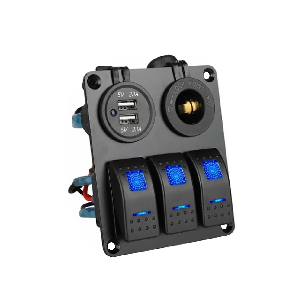 Panel de interruptor basculante LED de 3 entradas, 12V/24V, doble puerto USB, encendedor de cigarrillos, Panel de interruptor de encendido y apagado para coches, Rvs, barcos, yates