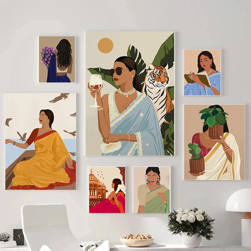1pc Canvas painting  Modern Abstract Fashion Personality Indian Girl Poster Canvas Printing South Asian Art Living Room Bedro