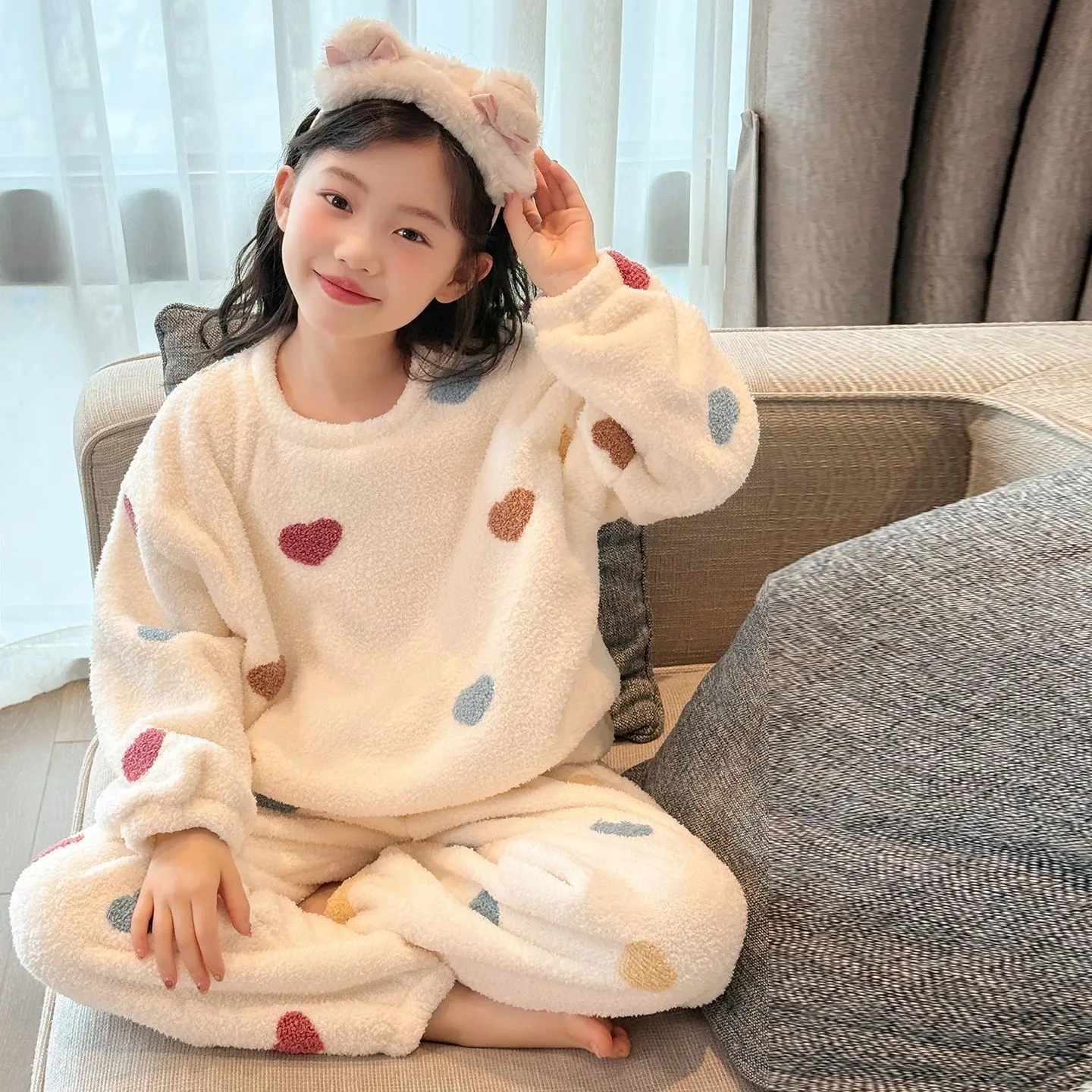 Teenager-Kinder-Flanell-Pyjama-Set mit Herz-Aufdruck, rosa, langärmelig, Cartoon-Stil, niedliche Fleece-Loungewear, lässig, weich, gemütlich, Schlafkleidung für Mädchen