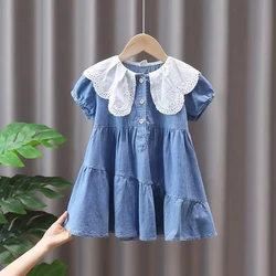 Children's Dress Summer Clothing 2023 New Girl Baby Lace Neck Short Sleeve Denim Dress Little Girl Princess Dress