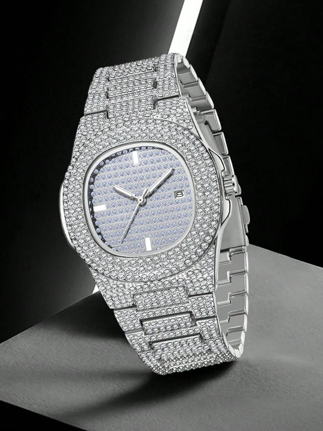 

Мужские роскошные кварцевые часы с полным покрытием стразами, с указателем даты, браслет из нержавеющей стали