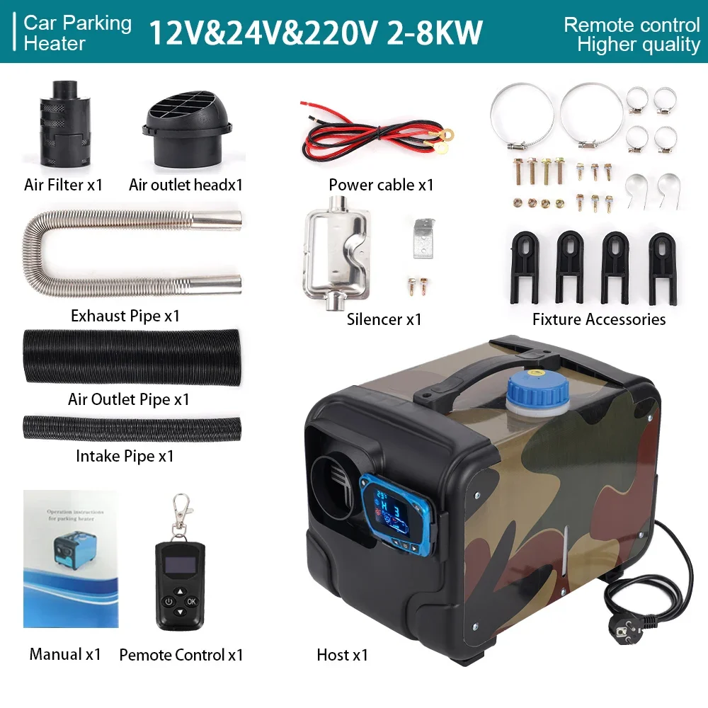 5/8KW Diesel Heater 12V/24V/220V All in One Air Parking Heater Camouflage Diesel Heating Low Noise for Truck Bus RV Trailer Boat