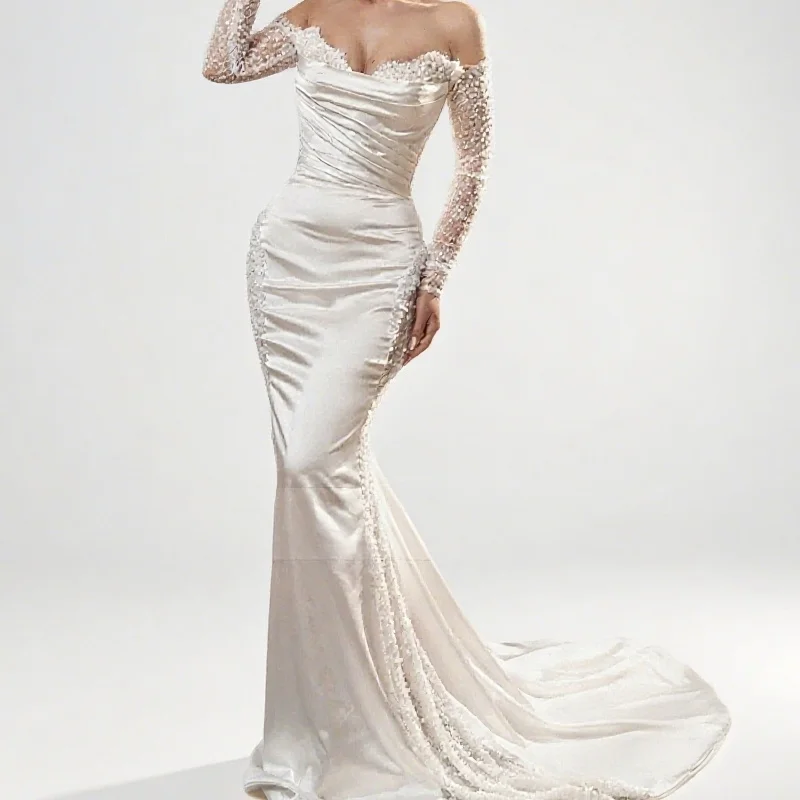 

Luxury Beading Pearls Lace Mermaid Off Shoulder Sleeves Pleats Trumpet Bridal Gowns Wedding Dresses