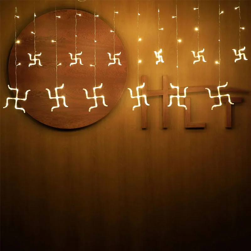 LED Fairy Lights Swastika Garland Curtain String Light for Diwali Deepavali Home Eaves Hanging Decoration Pendant Ornaments