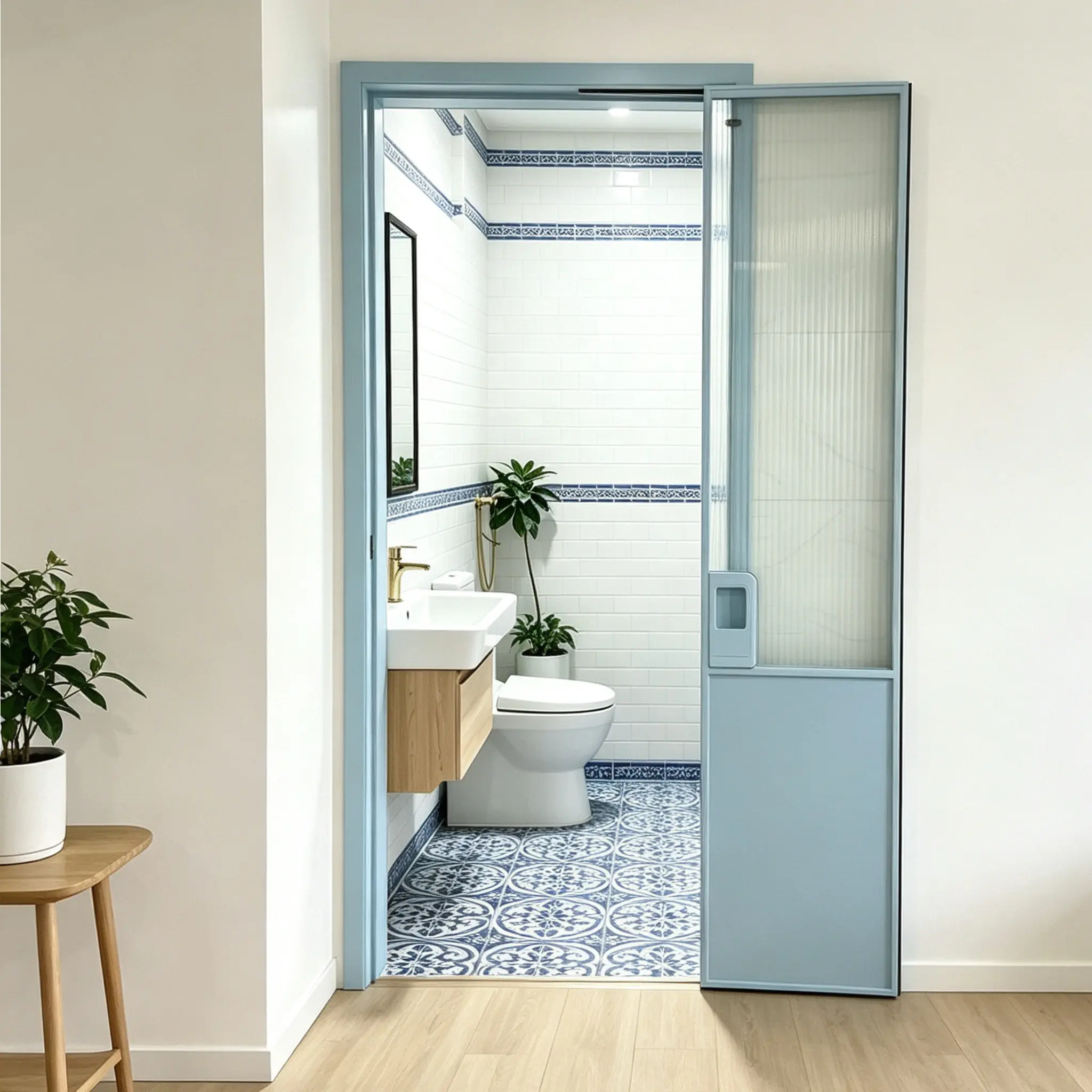 Custom dopamine color small blue door bathroom kitchen flat folding door