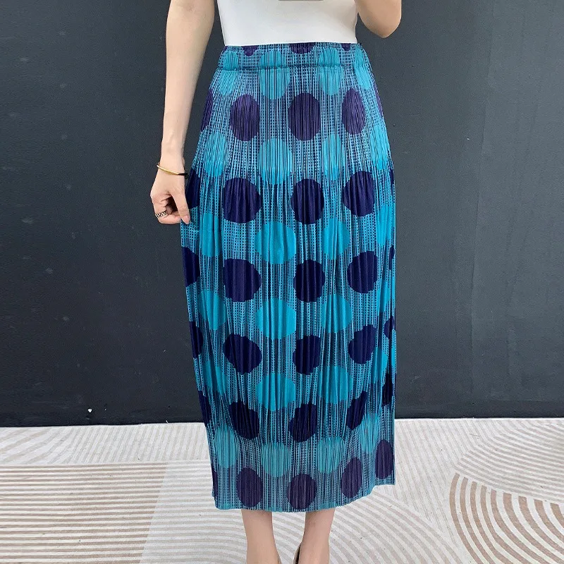 Miyake Pleated Polka Dot Skirt 2026 Summer New Niche Design Pleated Skirt Printed Slimming A-line Long Skirt for Women Pleat
