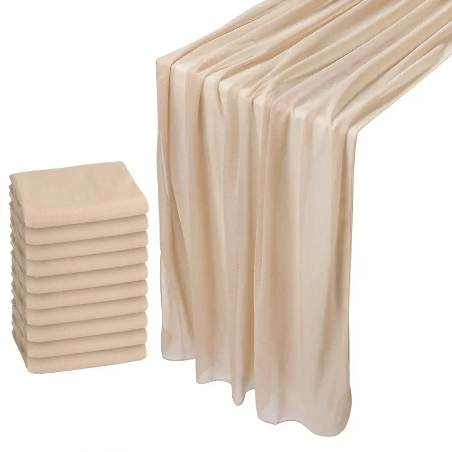 

10 Pack Champagne Chiffon Table Runner 30x120 Inches Romantic Sheer Wedding Table Runner Glitter Brown Tulle Fabric Party Table