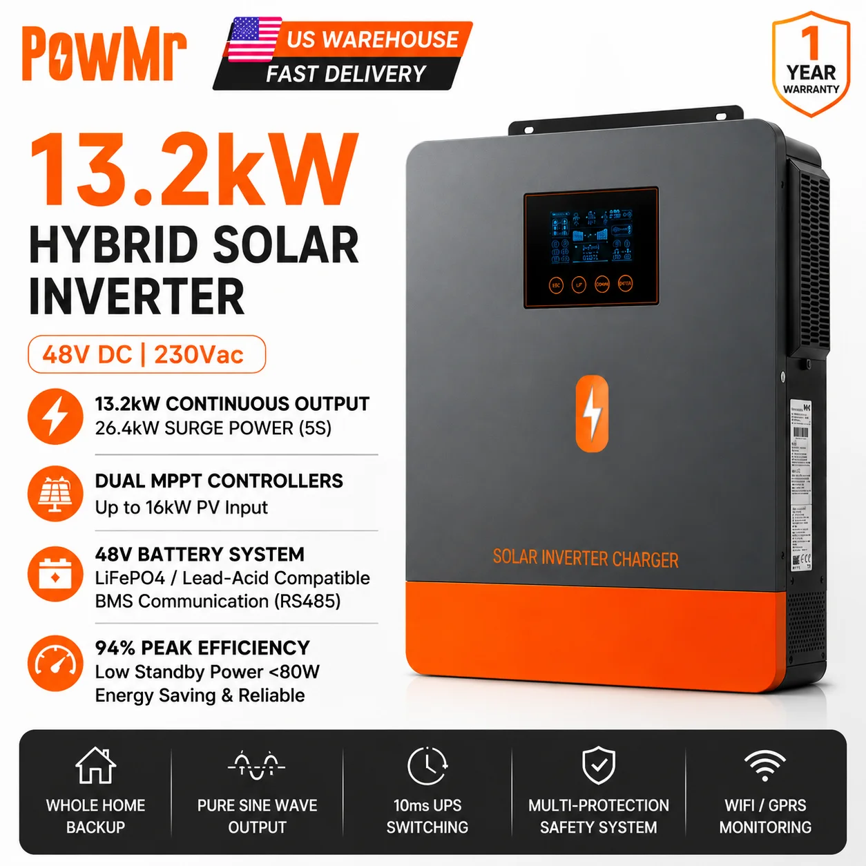 PowMr 13.2KW 48V Hybrid Solar Inverter Charger 230Vac Output With MPPT 160A Controller Dual MPPT 90-450V PV Max 8000W*2 Input All In One Off Grid Solar System Support Lead Acid & RS485 Lithium Battery BMS for Home Cabin Farm Solar Energy System