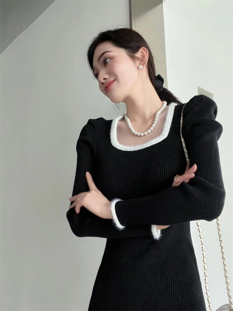 Knee Length U Neck Clothes Black Knitted Dresses for Women Colorblock Cover Up Crochet Midi White Woman Dress  Aesthetic Sale