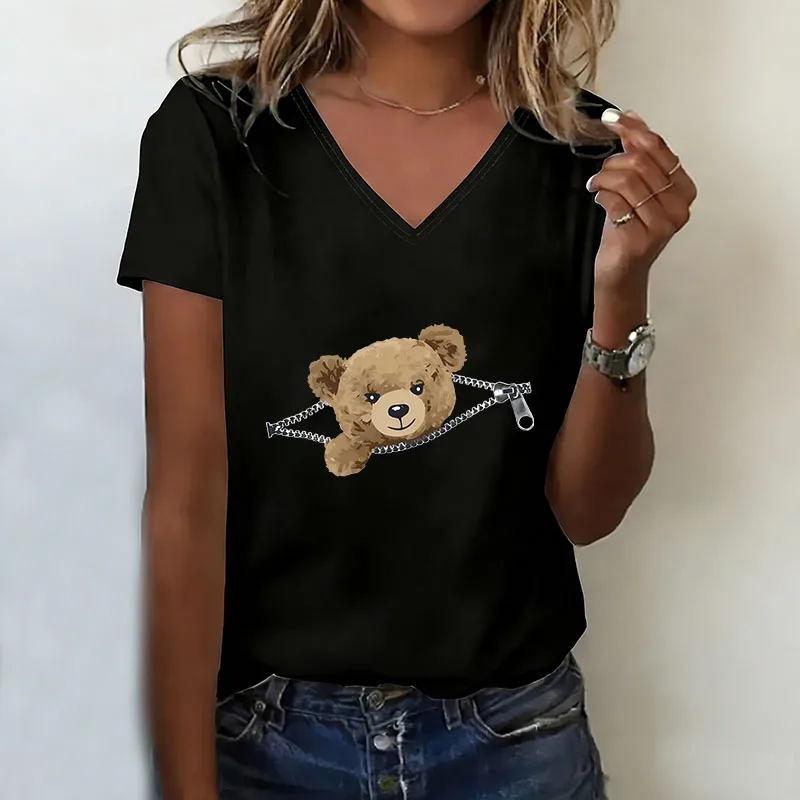 Graphic Cartoon Bear T-shirt V Neck Casual Fashion Anime T Shirts Women Short Sleeve Tee Shirt V-Neck Summer Spring
