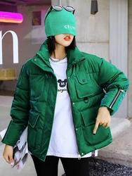 Glossy Puffer Jacket Women Down Cotton Parkas Winter 2022 Korean Fashion Warm Short Coat Female Pocket Padded Clothes Outwear