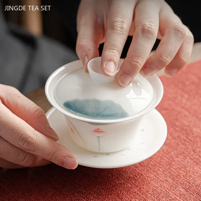 120/140ml Hand-painted Goat Fat Jade White Porcelain Gaiwan Household Ceramic Tea Infuser Traditional with Cover Teacup