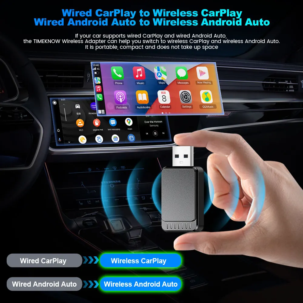 TIMEKNOW YENI Kablosuz CarPlay Adaptörü Kablosuz Android Otomatik Adaptör 2\'si 1 arada Mazda Subaru Citroen Audi Mercedes Kia Ford Opel