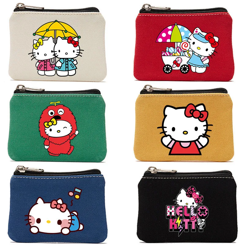 Cartoon Hello Kitty Cute Zipper Canvas Bag Coin Purse Card Holder Headphone Bags Storage Key Photo Card Case Girls Birthday Gift