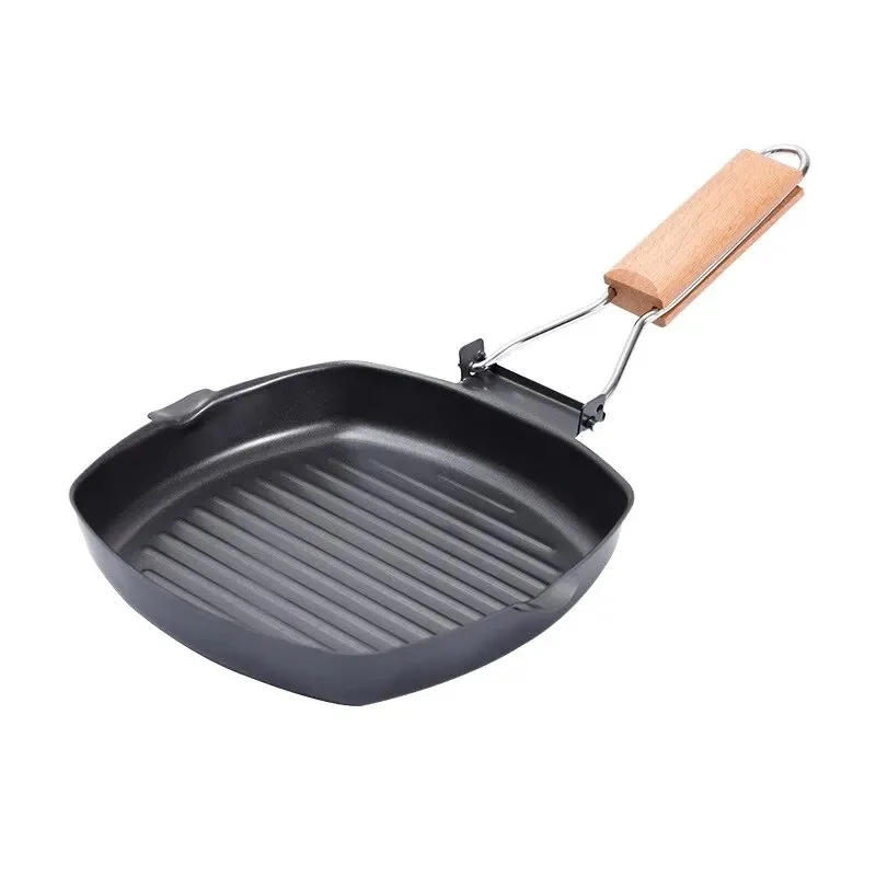 Portable Foldable Frying Pan Baking Pan Anti Scalding Wooden Handle Outdoor Home Thickened Steak Frying Pan Accessories Articles