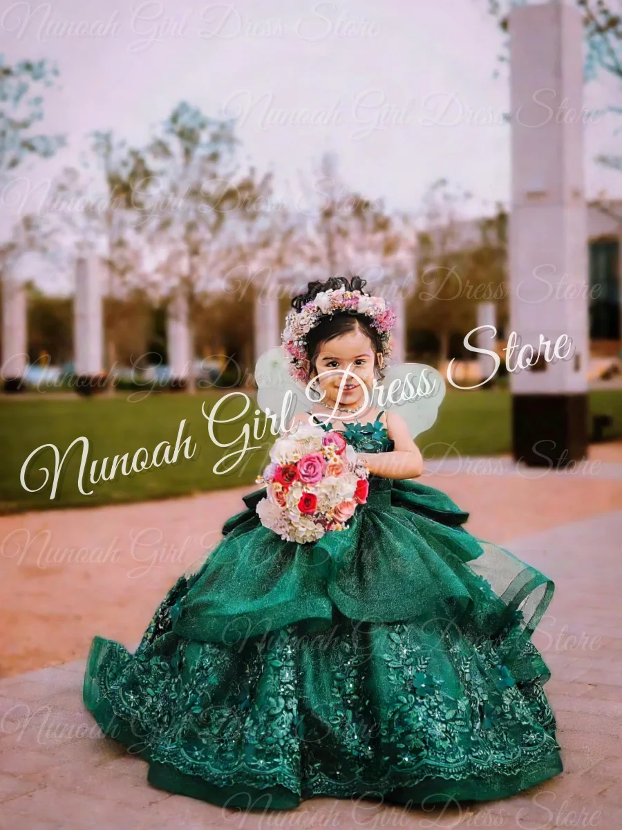 Dark Green Flower Girl Dresses for Wedding Lace Appliques Floor Length Birthday Party Gowns First Communion Gowns Customized