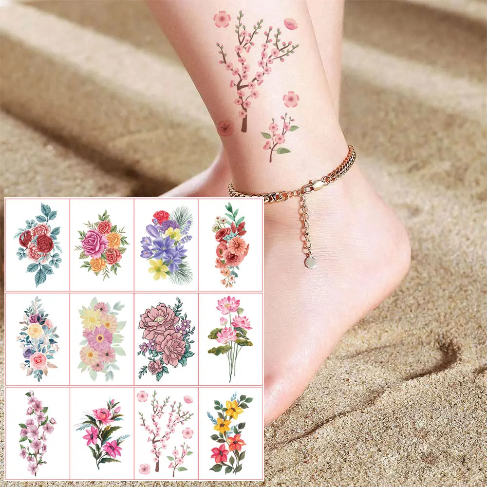 12Pcs Color Flower Tattoo Stickers for Women Hand Arm Chest Body Art Waterproof Temporary Tattoos Disposable Floral Fake Tattoo