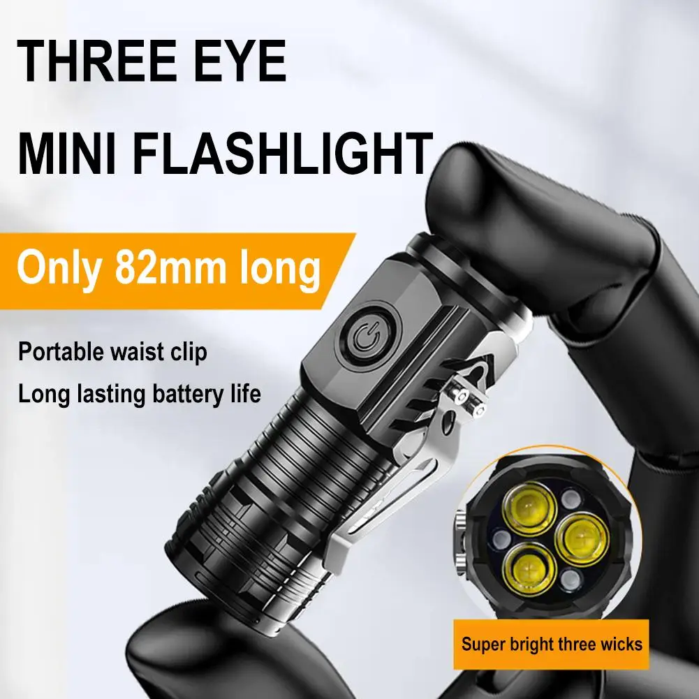 Mini Portable Outdoor Flashlight Three Eyed Rechargeable LED Flashlights High Lumens Lighting Long-Range