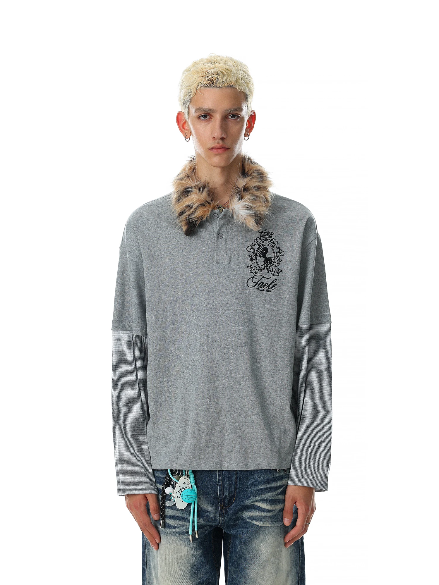 American Retro Men's Long Sleeve T-Shirt Loose Casual Versatile Cotton Shirt with Fur Collar Fake Two-Piece Style by Mr.Nearly