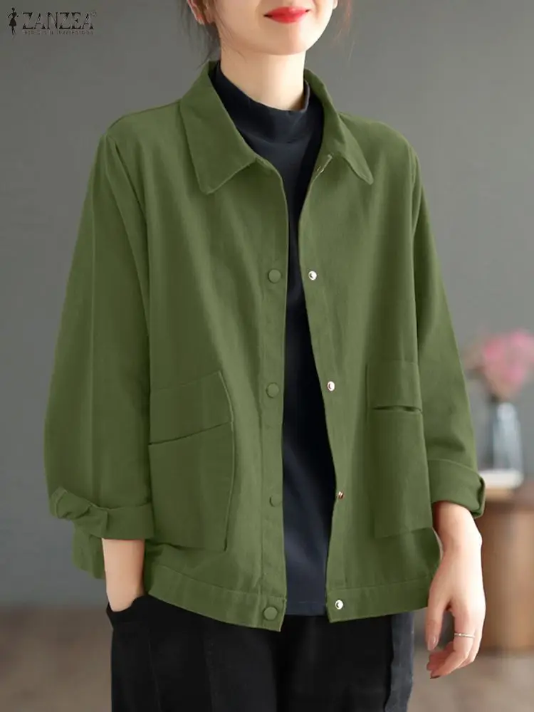 ZANZEA الخريف المرأة سترة قميص الصلبة رقيقة جاكيتات معاطف 2025 موضة التلبيب الرقبة بلوزة طويلة الأكمام أزرار عادية أسفل معاطف
